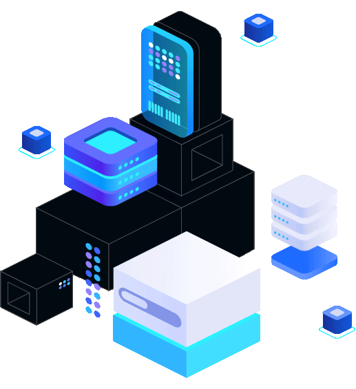 Colorful cubes that look like computer equipment and a phone move up and down